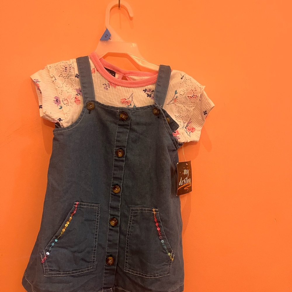 Tion Design Blue Denim Overalls with Floral Top